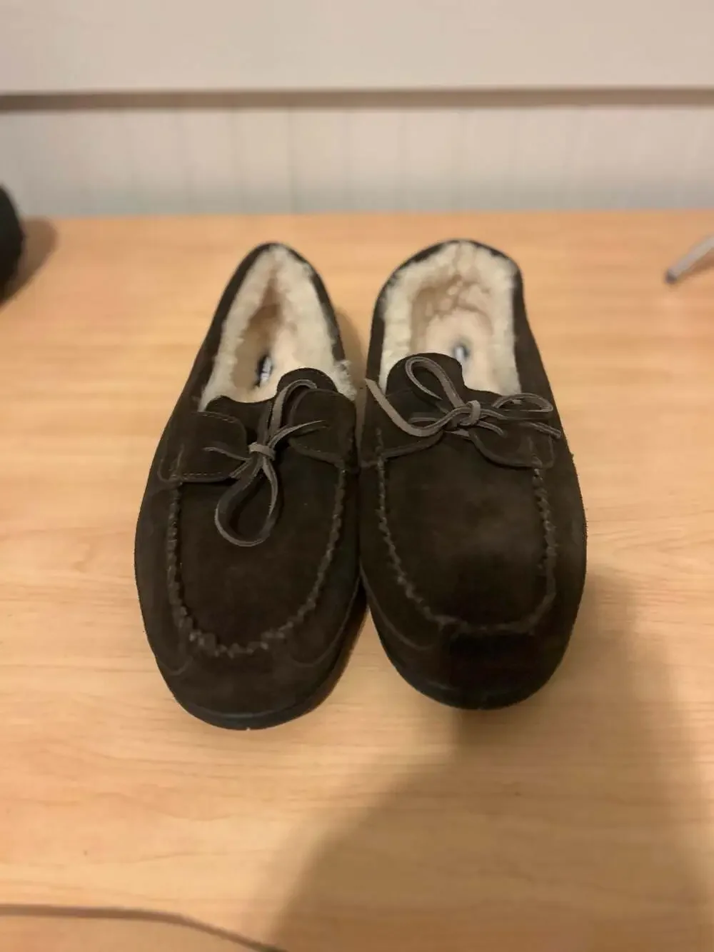 Lands' End Men's Suede Moccasin Slippers with Faux Fur Lining